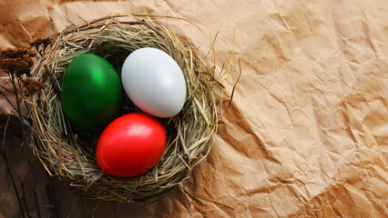 Happy Easter holiday in italian card, Easter eggs as the color of the Italian flag - green, white, red