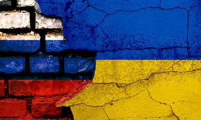 flag of Ukraine with Kremlin Russia, war conflict between the countries occupation of the territory