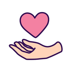 A Human Hand with a pink Heart. Vector Illustration in Cartoon style isolated on a white background. Love concept for Valentine's day, taking care of yourself and others.