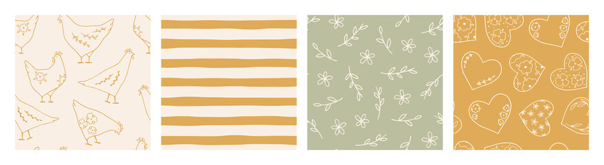 Set of Easter seamless patterns with traditional elements. Cute spring background with bunnies, eggs, chickens and floral elements. Trendy vector pattern for spring design and Easter holidays