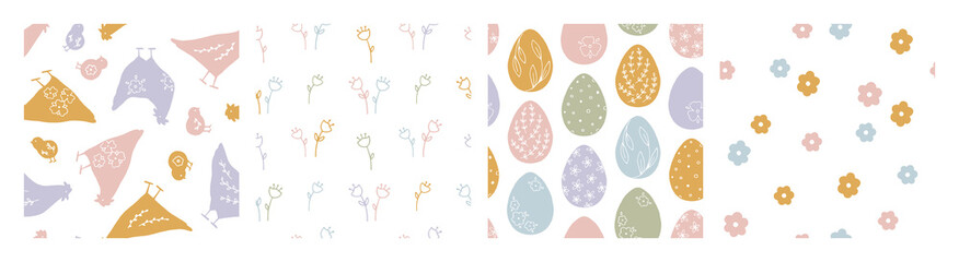 Hand drawn collection of Easter seamless patterns with chickens, bunnies and cute spring elements. Festive vector background for prints, textile and wrapping paper. Trendy spring illustration