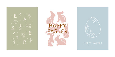 Fototapeta na wymiar Set of Easter greeting cards with traditional elements. Cute spring poster with bunnies, eggs, chickens and floral elements. Trendy vector prints for spring design and Easter holidays