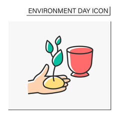 Gardening color icon. Plant flower in a pot. Nature care and protection.Greening environment. Environment day concept. Isolated vector illustration