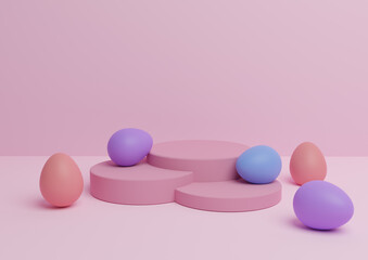 Light, pastel, lavender pink 3D rendering of Easter themed product display podium or stand composition with colorful eggs minimal, simple for multiple products