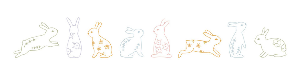Set of line art Easter bunnies with floral elements in pastel color. Hand drawn vector collection with cute festive rabbits for spring design and Easter holidays. Charming Easter traditional elements