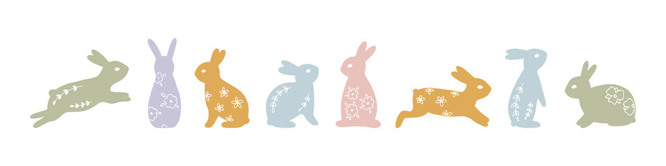 Hand drawn silhouette set with Easter bunnies with floral elements in pastel colors. Traditional Easter symbol. Cute rabbits for festive design. Spring character collection. Cute vector illustration