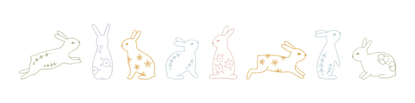 Set of line art Easter bunnies with floral elements in pastel color. Hand drawn vector collection with cute festive rabbits for spring design and Easter holidays. Charming Easter traditional elements