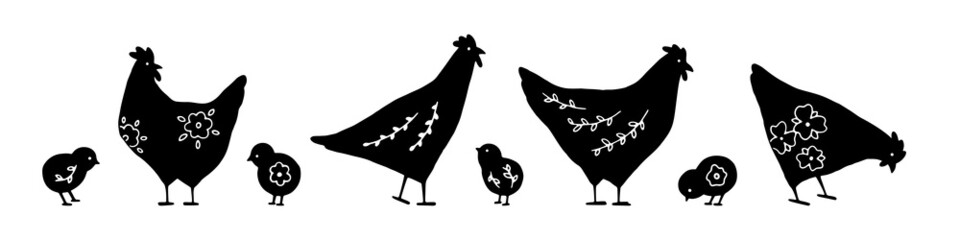 Hand drawn silhouette set with Easter chickens with floral elements in black. Traditional Easter symbol. Cute chicks for festive design. Spring character collection. Cute vector illustration