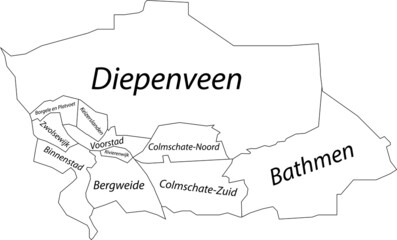 White flat vector administrative map of DEVENTER, NETHERLANDS with name tags and black border lines of its districts