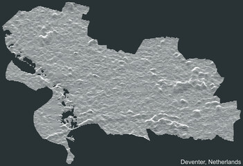 Topographic negative relief map of the city of DEVENTER, NETHERLANDS with white contour lines on dark gray background