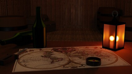 captain's office desk, compass, map 3d render