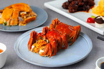 Seafood hairy crabs on a plate