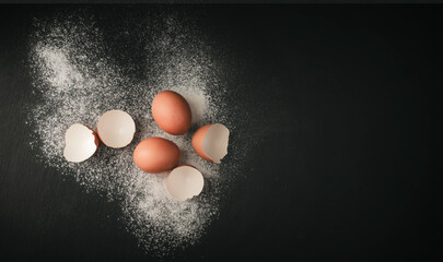 Broken chicken egg . Fresh eggs from the farmer, Natural organic healthy food concept, Top view, Copy space. baking