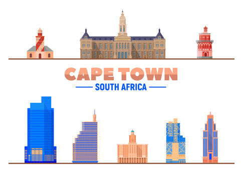 Cape Town landmarks on a white background. Isolated objects. Flat vector illustration. Business travel and tourism concept with modern buildings. Image for banner or web site.