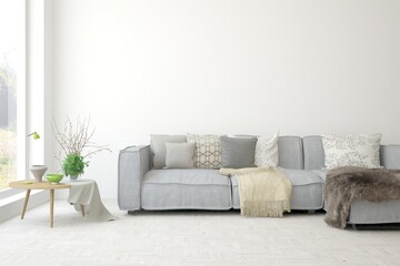 White living room with sofa. Scandinavian interior design. 3D illustration