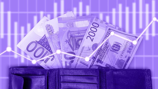 Top view of the multicurrency in a very pleasant tone. Euro, dollar, ruble banknotes highlighted on a white background.Cash. The concept of financial literacy and depositors. a stack of dollars - Powered by Adobe