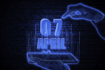 April 7th. A hand holding a phone with a calendar date on a futuristic neon blue background. Day 7 of month.