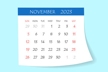 November 2023 calendar planner. Corporate week. Template layout, 12 months yearly, white background. Simple design for business brochure, flyer, print media, advertisement. Week starts from Monday