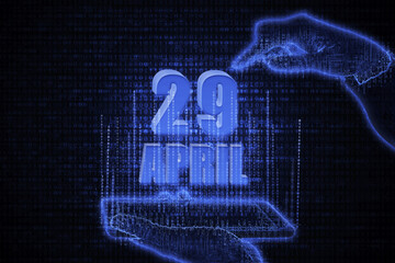 April 29th. A hand holding a phone with a calendar date on a futuristic neon blue background. Day 29 of month.