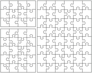 Illustration of three white puzzles, separate pieces