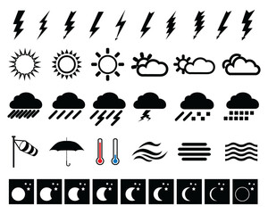 Set of weather icons and lunar phases on a white background	