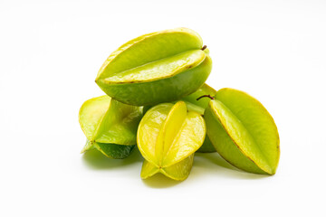 Raw carambolas or Star fruit on white background.