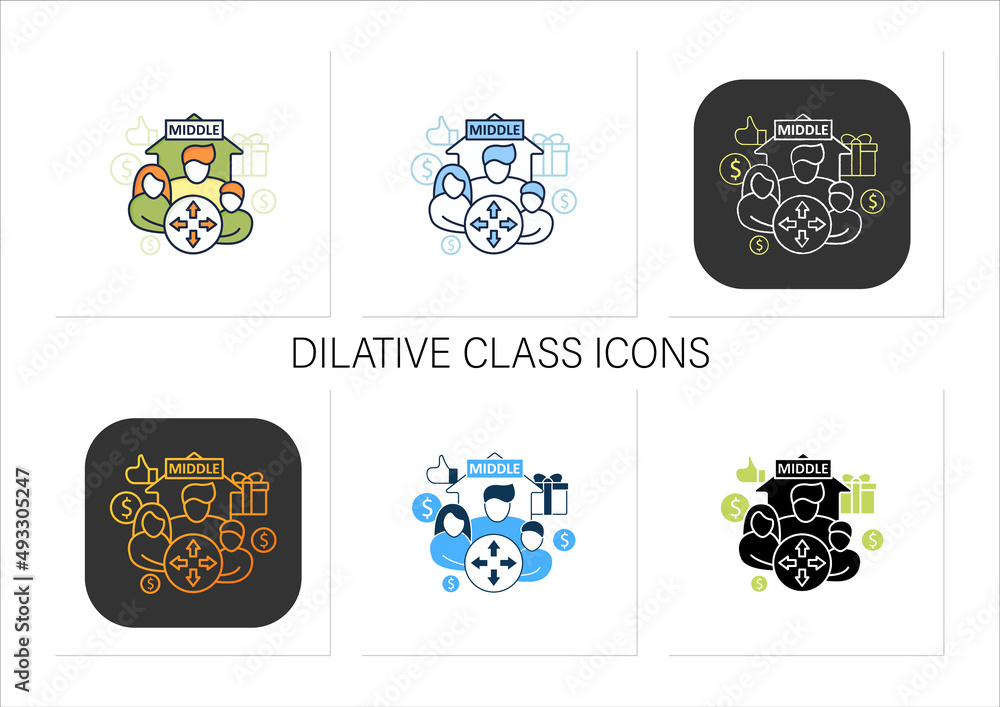 Poster dilative class icons set. expanding middle class. increase employee number. universal basic income.c