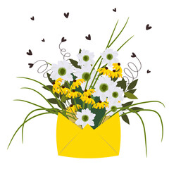 Flowers in an envelope. Big bouquet of yellow and white flowers.Abstraction