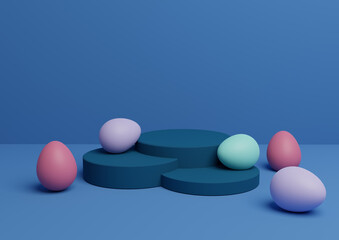 Bright, dark, pastel blue 3D rendering of Easter themed product display podium or stand composition with colorful eggs minimal, simple for multiple products