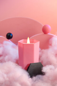 Glass Soy Candle In A Jar On Pastel Podium, Mock Up