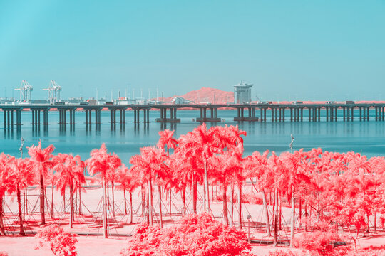 Infrared photography of city seaside view
