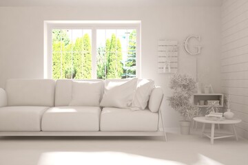 Mock up of stylish room in white color with sofa and green landscape in window. Scandinavian interior design. 3D illustration