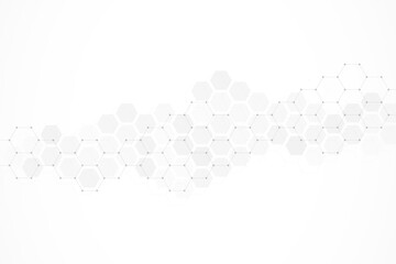 Hexagons pattern on gray background. Genetic research, molecular structure. Chemical engineering. Concept of innovation technology. Used for design healthcare, science and medicine background