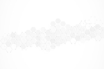 Hexagons pattern on gray background. Genetic research, molecular structure. Chemical engineering. Concept of innovation technology. Used for design healthcare, science and medicine background