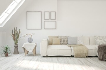 White living room with sofa. Scandinavian interior design. 3D illustration