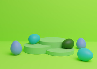 Bright, neon green 3D rendering of Easter themed product display podium or stand composition with colorful eggs minimal, simple for multiple products