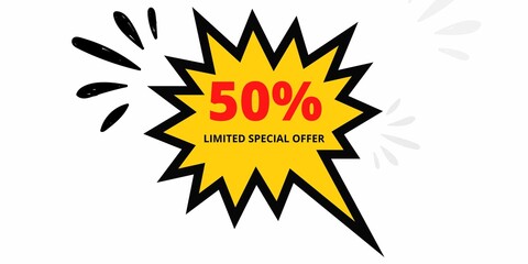 50% off limited special offer. Banner with fifty percent discount on a red square tag