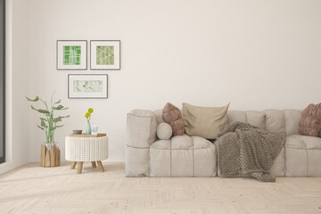 White living room with sofa. Scandinavian interior design. 3D illustration