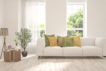 Minimalist living room in white color with sofa and summer landscape in window. Scandinavian interior design. 3D illustration