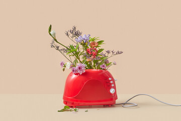 Spring flowers bouquet inside red toaster