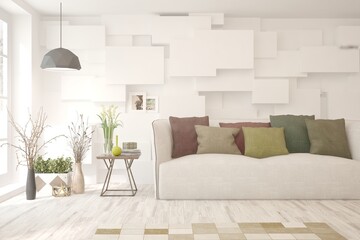 White living room with sofa. Scandinavian interior design. 3D illustration