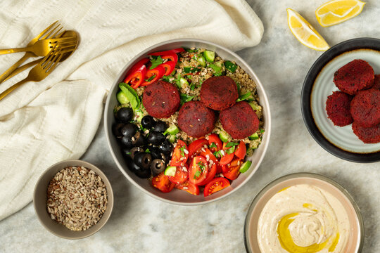 Beet falafel Mediterranean vegan style bowl with quinoa