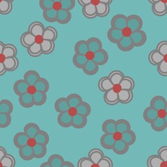 Simple daisies in grey and aqua green with red centers vector repeat pattern