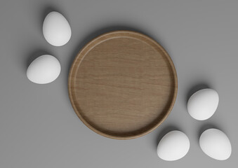 Dark graphite gray, black and white 3D rendering top view flat lay product display podium or stand with colorful Easter eggs and wooden dish minimal and simple