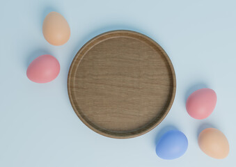 Light, pastel, baby blue 3D rendering top view flat lay product display podium or stand with colorful Easter eggs and wooden dish minimal and simple