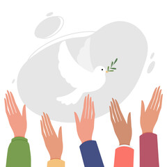 People raise their hands greeting the dove of peace. Pigeon of peace, the symbol of help, support, charity, kindness, nobleness, friendship and peaceful world without war. Flat vector illustration.