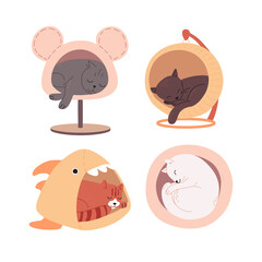Cute multi-colored cats of different breeds sleep in cat houses. Tired little kittens lie in pet beds. Funny animals drawn in a flat style. Color vector illustration, doodle set isolated on white