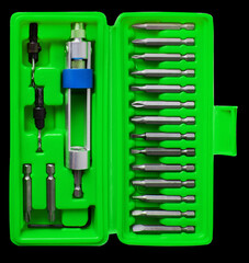 a set of nozzles for a screwdriver, isolated on a white background