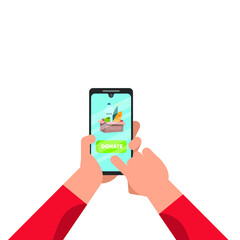 Humanitarian charity. Philanthropy. Flat vector People donate money for food for those in need. hand holding phone