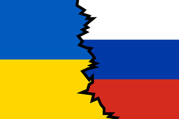Flags of Russia and Ukraine with a split between them, showing the conflict between the countries
